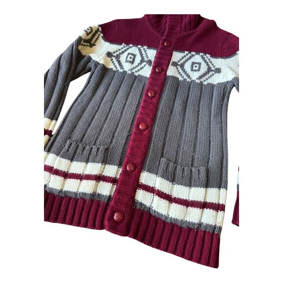 Vintage Retro Sigallo Knit Cardigan big collar, Gray, Maroon & Cream size medium - Picture 8 of 12